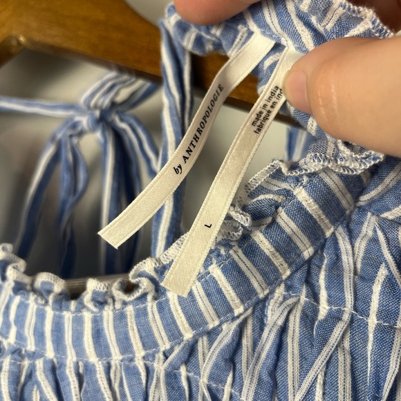 By Anthropologie Uli Ruffled Blouse blue white stripe back tie size large - Picture 4 of 7
